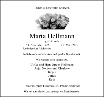 Traueranzeige von Marta Hellmann von Neue Osnabrücker Zeitung GmbH & Co. KG