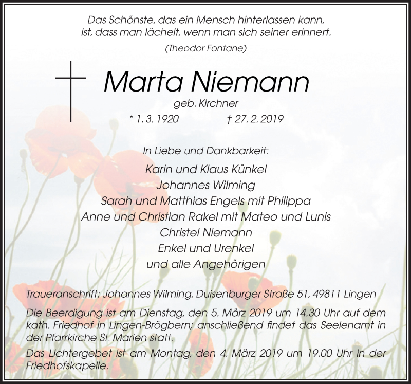  Traueranzeige für Marta Niemann vom 02.03.2019 aus Neue Osnabrücker Zeitung GmbH & Co. KG