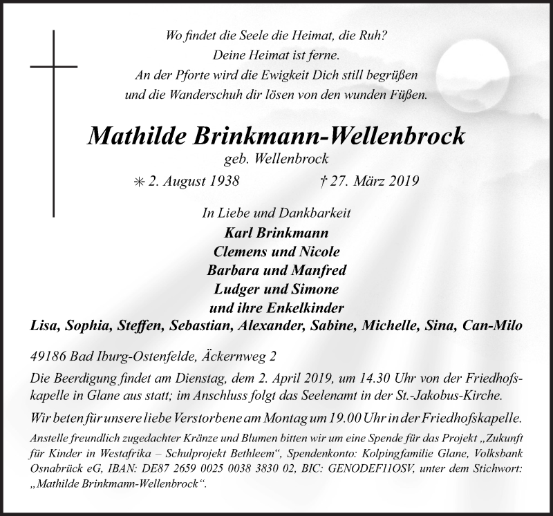  Traueranzeige für Mathilde Brinkmann-Wellenbrock vom 30.03.2019 aus Neue Osnabrücker Zeitung GmbH & Co. KG