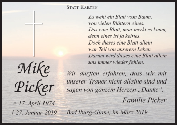 Traueranzeige von Mike Picker von Neue Osnabrücker Zeitung GmbH & Co. KG