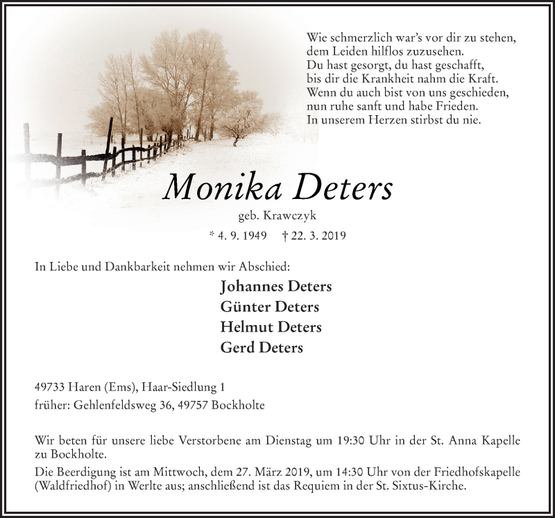  Traueranzeige für Monika Deters vom 25.03.2019 aus Neue Osnabrücker Zeitung GmbH & Co. KG