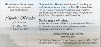 Traueranzeige von Monika Klünder von Neue Osnabrücker Zeitung GmbH & Co. KG
