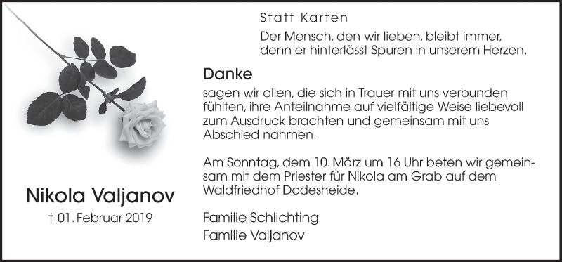  Traueranzeige für Nikola Valjanov vom 09.03.2019 aus Neue Osnabrücker Zeitung GmbH & Co. KG