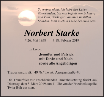 Traueranzeige von Norbert Starke von Neue Osnabrücker Zeitung GmbH & Co. KG