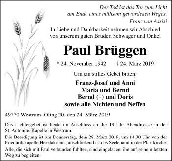 Traueranzeige von Paul Brüggen von Neue Osnabrücker Zeitung GmbH & Co. KG