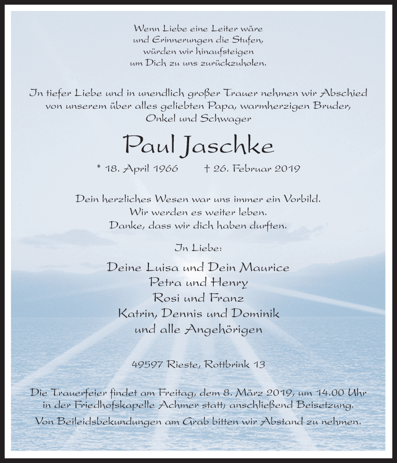  Traueranzeige für Paul Jaschke vom 02.03.2019 aus Neue Osnabrücker Zeitung GmbH & Co. KG