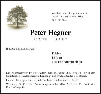 Traueranzeige von Peter Hegner von Neue Osnabrücker Zeitung GmbH & Co. KG