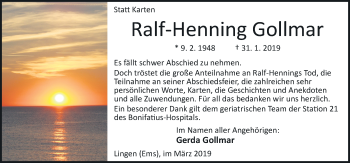 Traueranzeige von Ralf-Henning Gollmar von Neue Osnabrücker Zeitung GmbH & Co. KG