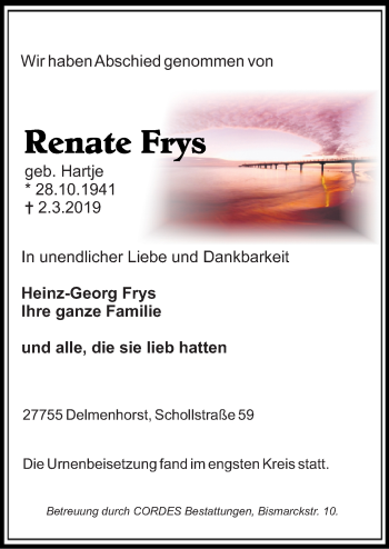 Traueranzeige von Renate Frys von Neue Osnabrücker Zeitung GmbH & Co. KG