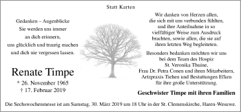 Traueranzeige von Renate Timpe von Neue Osnabrücker Zeitung GmbH & Co. KG