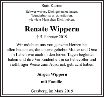 Traueranzeige von Renate Wippern von Neue Osnabrücker Zeitung GmbH & Co. KG
