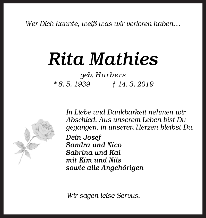  Traueranzeige für Rita Mathies vom 23.03.2019 aus Neue Osnabrücker Zeitung GmbH & Co. KG