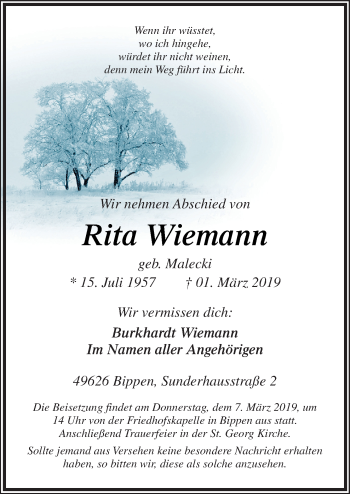 Traueranzeige von Rita Wiemann von Neue Osnabrücker Zeitung GmbH & Co. KG
