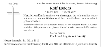 Traueranzeige von Rolf Esders von Neue Osnabrücker Zeitung GmbH & Co. KG