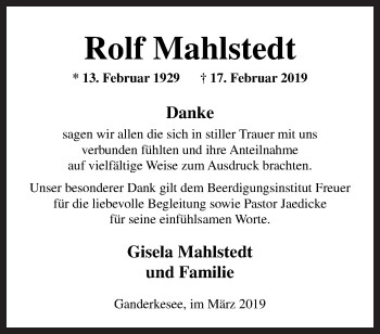 Traueranzeige von Rolf Mahlstedt von Neue Osnabrücker Zeitung GmbH & Co. KG