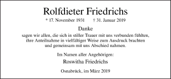 Traueranzeige von Rolfdieter Friedrichs von Neue Osnabrücker Zeitung GmbH & Co. KG