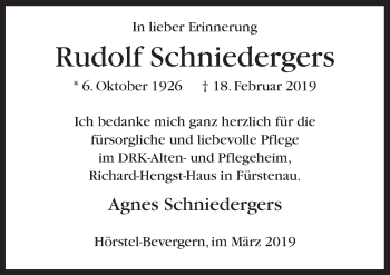 Traueranzeige von Rudolf Schniedergers von Neue Osnabrücker Zeitung GmbH & Co. KG