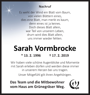 Traueranzeige von Sarah Vormbrocke von Neue Osnabrücker Zeitung GmbH & Co. KG