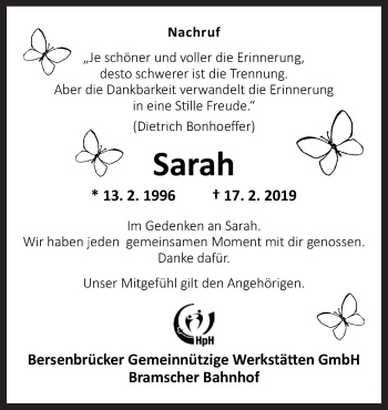 Traueranzeige von Sarah Vormbrocke von Neue Osnabrücker Zeitung GmbH & Co. KG