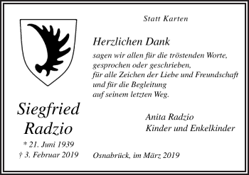 Traueranzeige von Siegfried Radzio von Neue Osnabrücker Zeitung GmbH & Co. KG