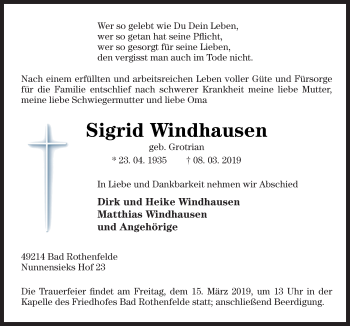 Traueranzeige von Sigrid Windhausen von Neue Osnabrücker Zeitung GmbH & Co. KG