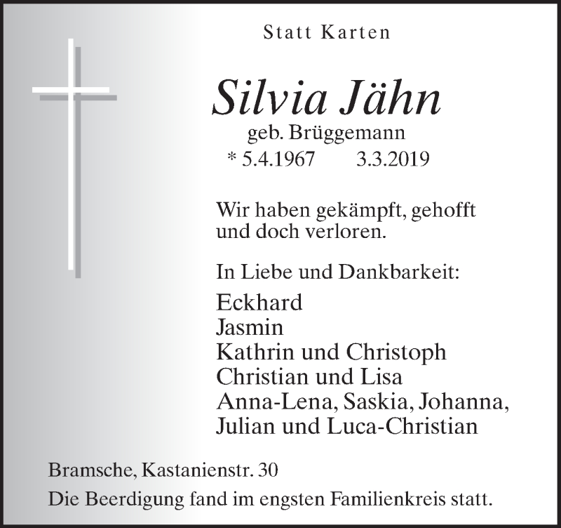  Traueranzeige für Silvia Jähn vom 12.03.2019 aus Neue Osnabrücker Zeitung GmbH & Co. KG