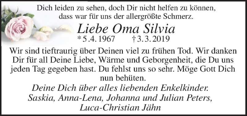  Traueranzeige für Silvia Jähn vom 15.03.2019 aus Neue Osnabrücker Zeitung GmbH & Co. KG