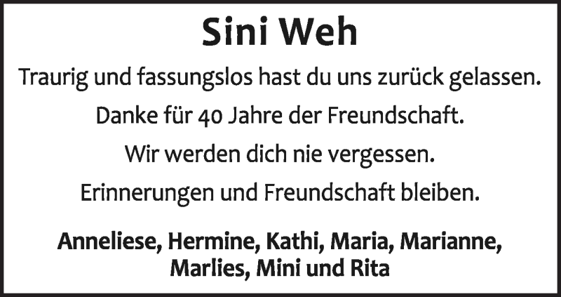  Traueranzeige für Sini Weh vom 18.03.2019 aus Neue Osnabrücker Zeitung GmbH & Co. KG