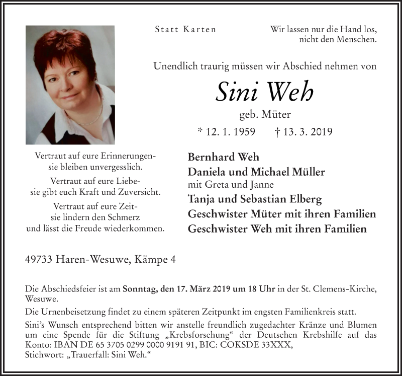  Traueranzeige für Sini Weh vom 16.03.2019 aus Neue Osnabrücker Zeitung GmbH & Co. KG