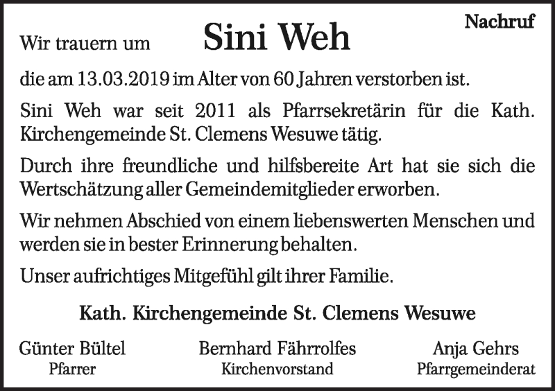  Traueranzeige für Sini Weh vom 21.03.2019 aus Neue Osnabrücker Zeitung GmbH & Co. KG