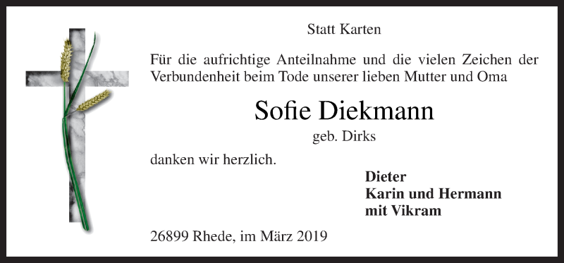  Traueranzeige für Sofie Diekmann vom 02.03.2019 aus Neue Osnabrücker Zeitung GmbH & Co. KG