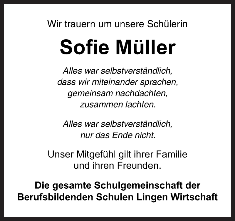  Traueranzeige für Sofie Müller vom 23.03.2019 aus Neue Osnabrücker Zeitung GmbH & Co. KG