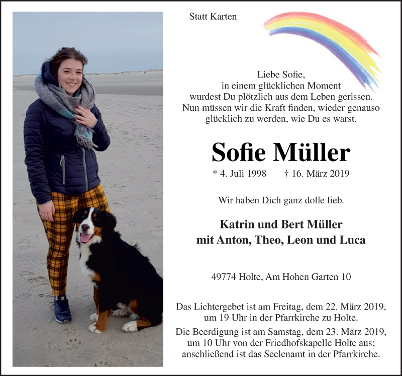  Traueranzeige für Sofie Müller vom 20.03.2019 aus Neue Osnabrücker Zeitung GmbH & Co. KG