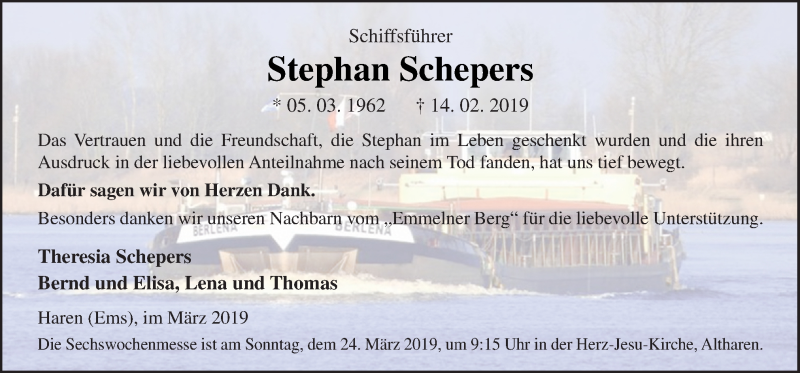  Traueranzeige für Stephan Schepers vom 20.03.2019 aus Neue Osnabrücker Zeitung GmbH & Co. KG