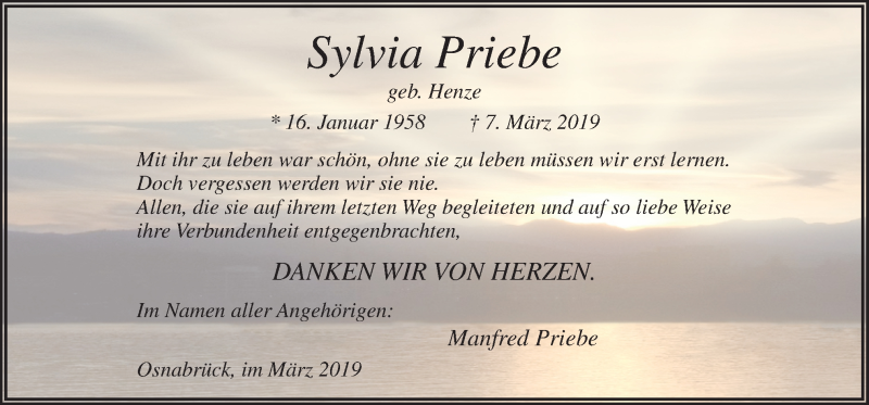  Traueranzeige für Sylvia Priebe vom 23.03.2019 aus Neue Osnabrücker Zeitung GmbH & Co. KG