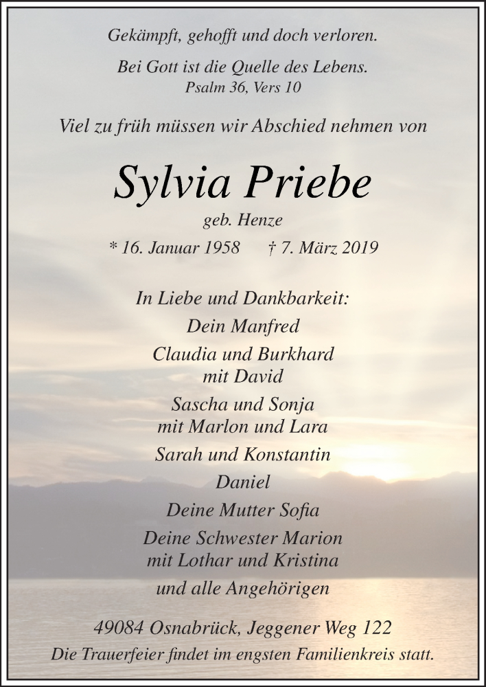  Traueranzeige für Sylvia Priebe vom 09.03.2019 aus Neue Osnabrücker Zeitung GmbH & Co. KG