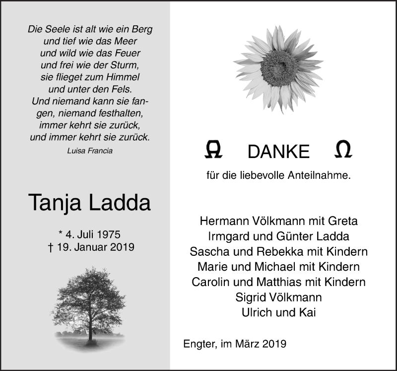  Traueranzeige für Tanja Ladda vom 23.03.2019 aus Neue Osnabrücker Zeitung GmbH & Co. KG