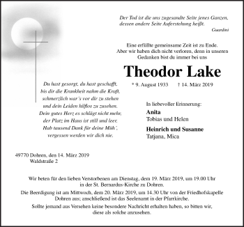 Traueranzeige von Theodor Lake von Neue Osnabrücker Zeitung GmbH & Co. KG