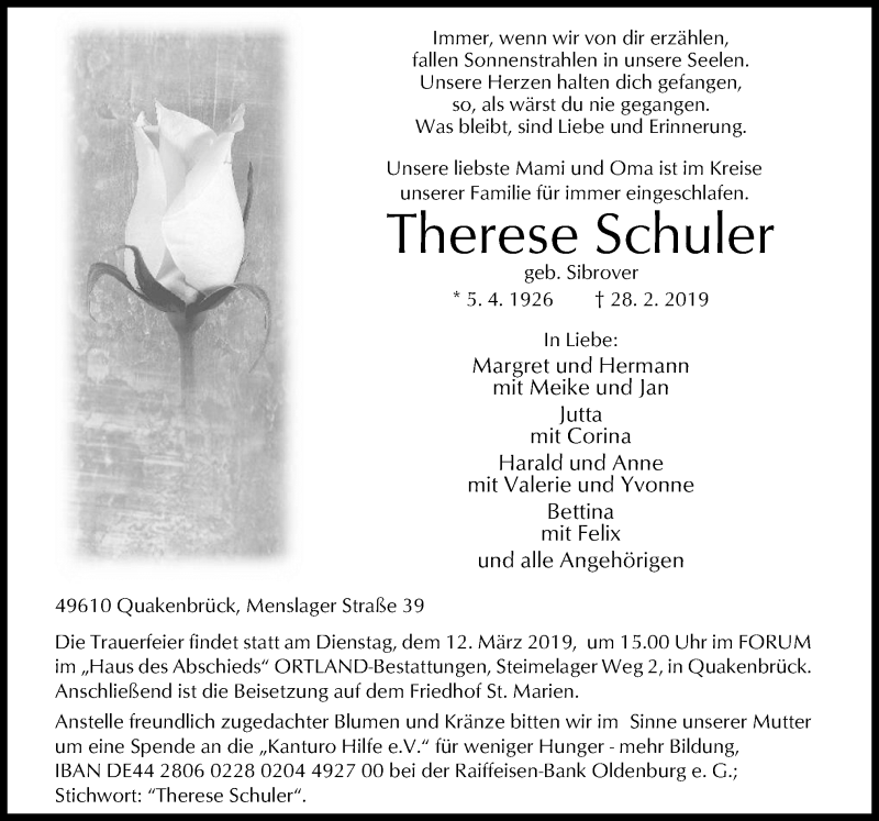  Traueranzeige für Therese Schuler vom 07.03.2019 aus Neue Osnabrücker Zeitung GmbH & Co. KG
