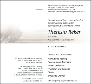Traueranzeige von Theresia Reker von Neue Osnabrücker Zeitung GmbH & Co. KG