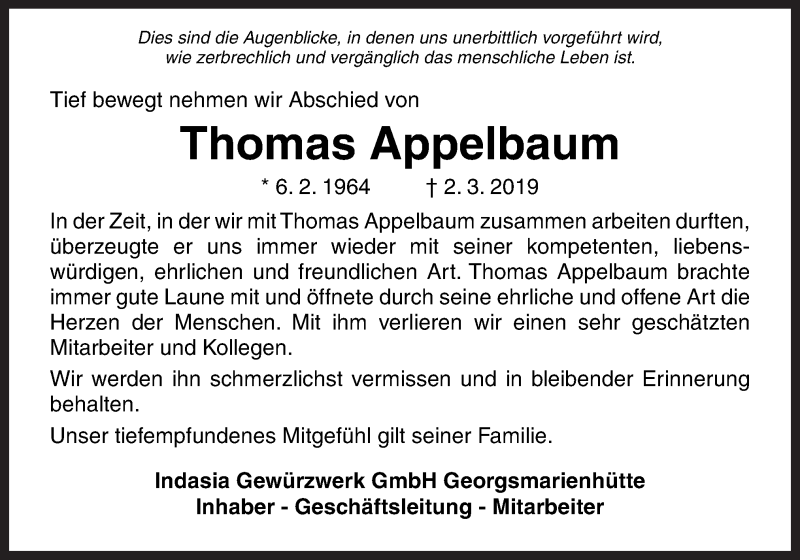  Traueranzeige für Thomas Appelbaum vom 08.03.2019 aus Neue Osnabrücker Zeitung GmbH & Co. KG
