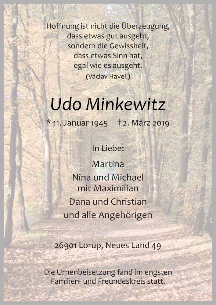 Traueranzeige für Udo Minkewitz vom 16.03.2019 aus Neue Osnabrücker Zeitung GmbH & Co. KG