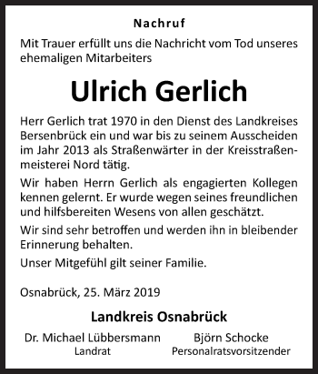 Traueranzeige von Ulrich Gerlich von Neue Osnabrücker Zeitung GmbH & Co. KG