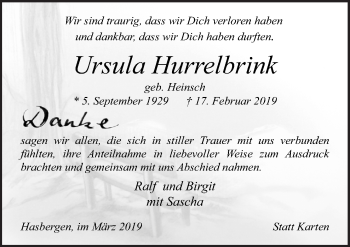 Traueranzeige von Ursula Hurrelbrink von Neue Osnabrücker Zeitung GmbH & Co. KG