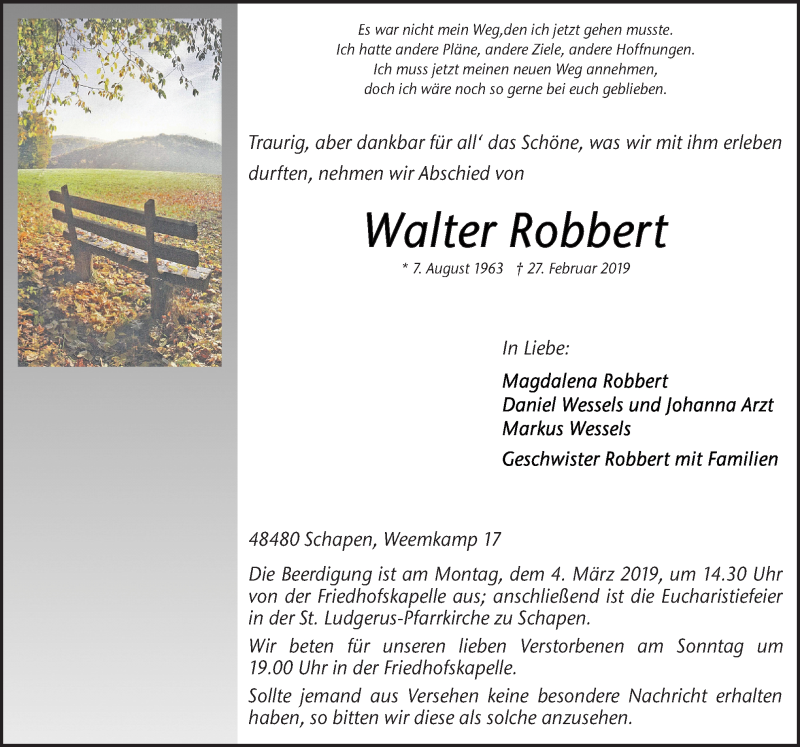  Traueranzeige für Walter Robbert vom 01.03.2019 aus Neue Osnabrücker Zeitung GmbH & Co. KG