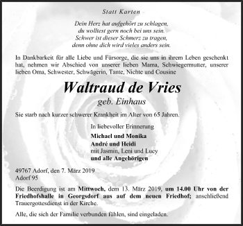 Traueranzeige von Waltraud de Vries von Neue Osnabrücker Zeitung GmbH & Co. KG