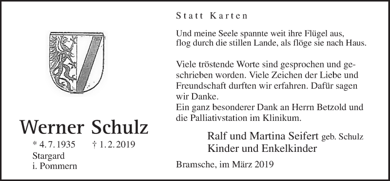  Traueranzeige für Werner Schulz vom 16.03.2019 aus Neue Osnabrücker Zeitung GmbH & Co. KG