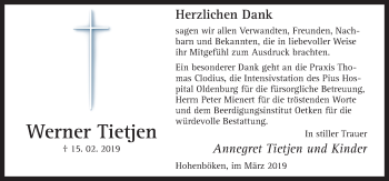 Traueranzeige von Werner Tietjen von Neue Osnabrücker Zeitung GmbH & Co. KG