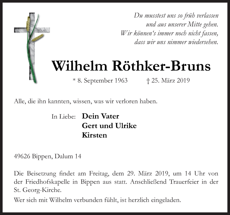  Traueranzeige für Wilhelm Röthker-Bruns vom 27.03.2019 aus Neue Osnabrücker Zeitung GmbH & Co. KG