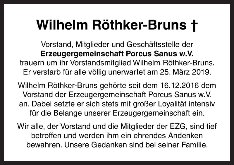  Traueranzeige für Wilhelm Röthker-Bruns vom 29.03.2019 aus Neue Osnabrücker Zeitung GmbH & Co. KG